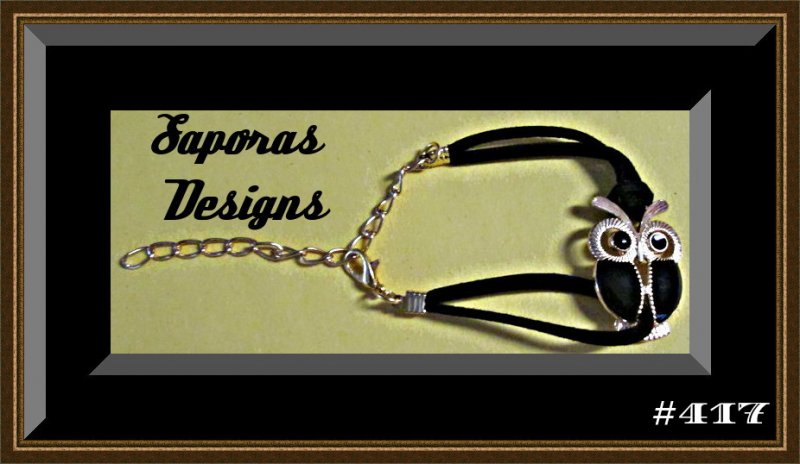Image 0 of Handmade Black Leather Owl Design Bracelet