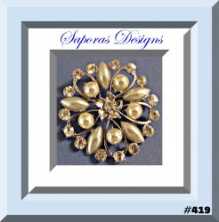 Silver Tone Flower Design Brooch With Clear Crystals & White Faux Pearls Vintage