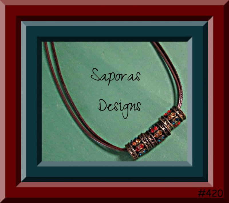 Image 0 of Antique Design Necklace With Colorful Rhinestones & Brown Leather Chain