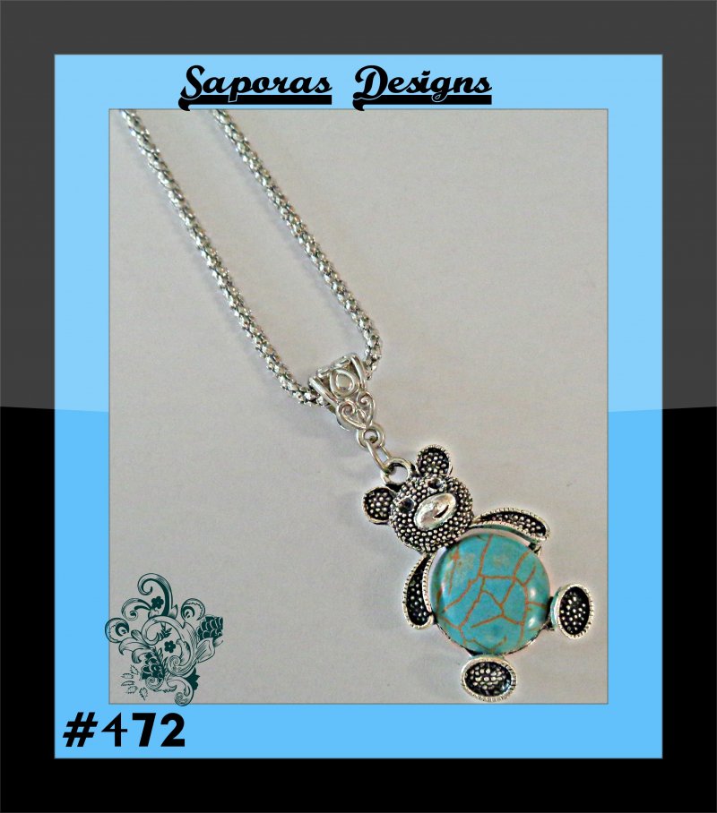Image 0 of Tibetan Silver & Turquoise Teddy Bear Design Necklace Native Ethnic Tribal
