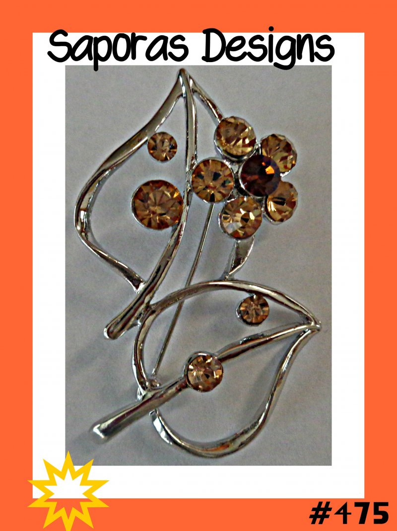 Image 0 of Silver Tone Flower Design Brooch With Brown Crystals