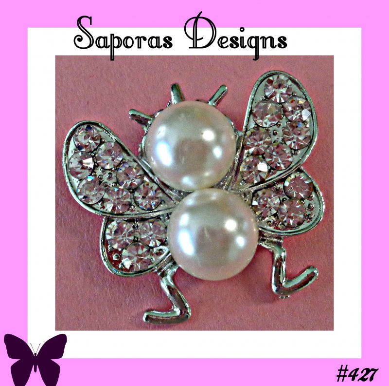 Image 0 of Silver Tone Butterfly Design Brooch With Clear Crystals & White Faux Pearls