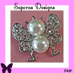 Silver Tone Butterfly Design Brooch With Clear Crystals & White Faux Pearls