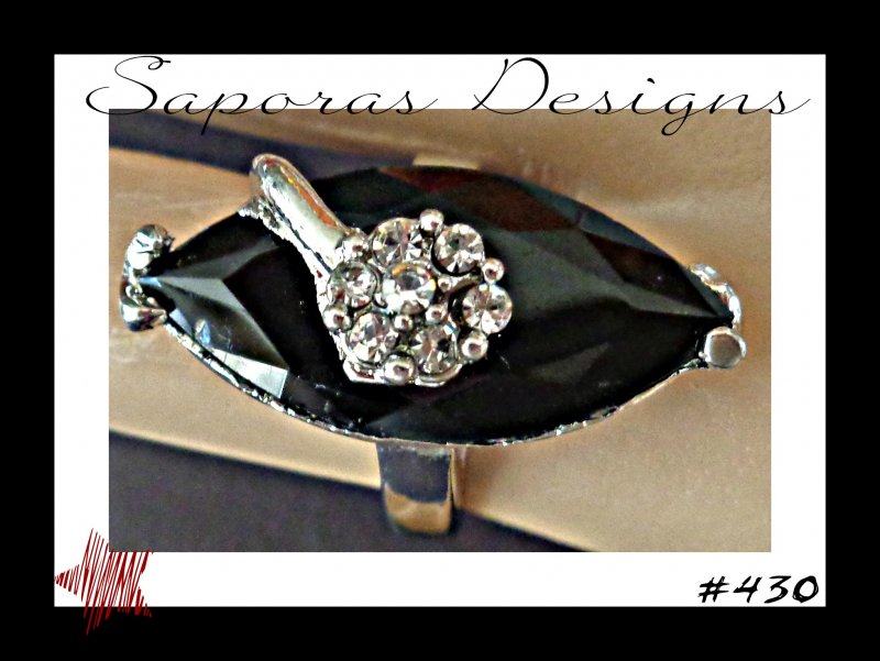 Image 0 of Size 8 Silver Tone Ring With Black & Clear Crystals Classy Style