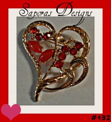 Gold Tone Heart Design Brooch With Red Crystals & Red Beads