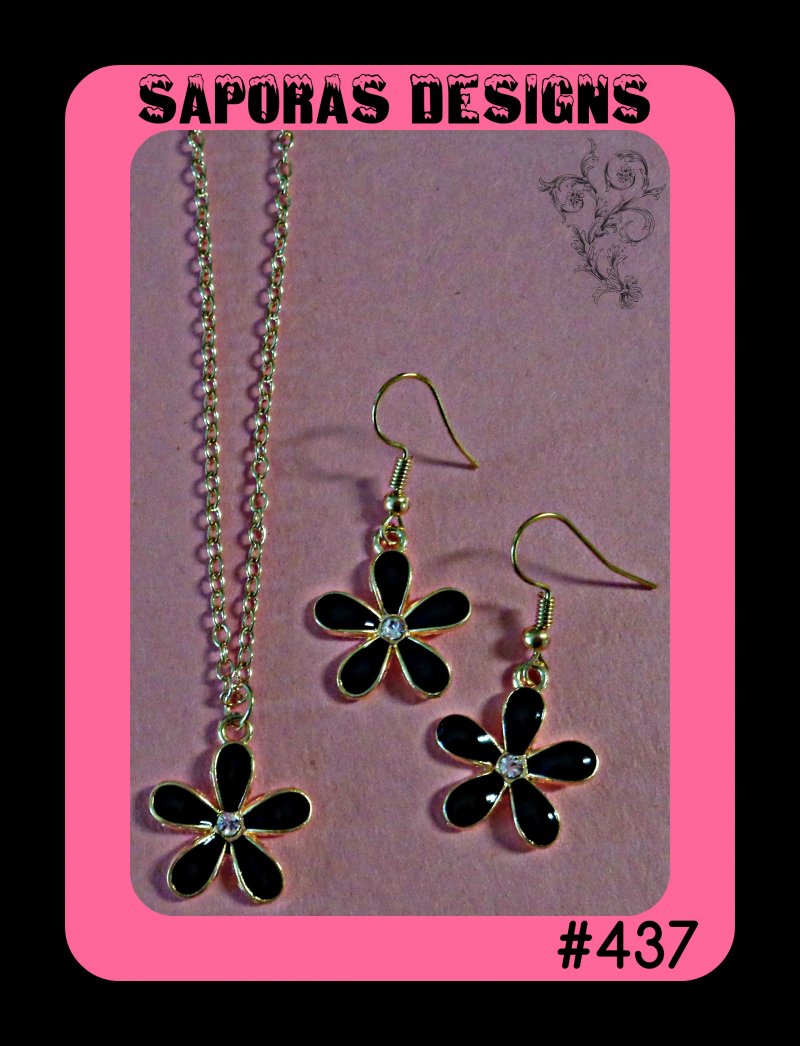 Image 0 of Gold Tone & Black Flower Design Dangle Earring & Necklace Jewelry Set