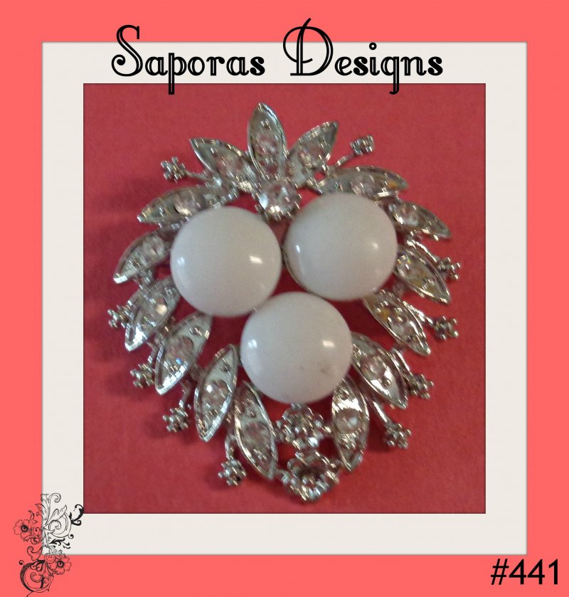 Image 0 of Silver Tone Flower Design Brooch With Clear Crystals & White Beads