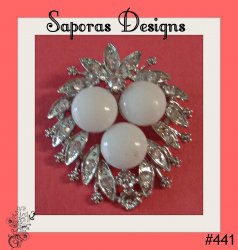 Silver Tone Flower Design Brooch With Clear Crystals & White Beads