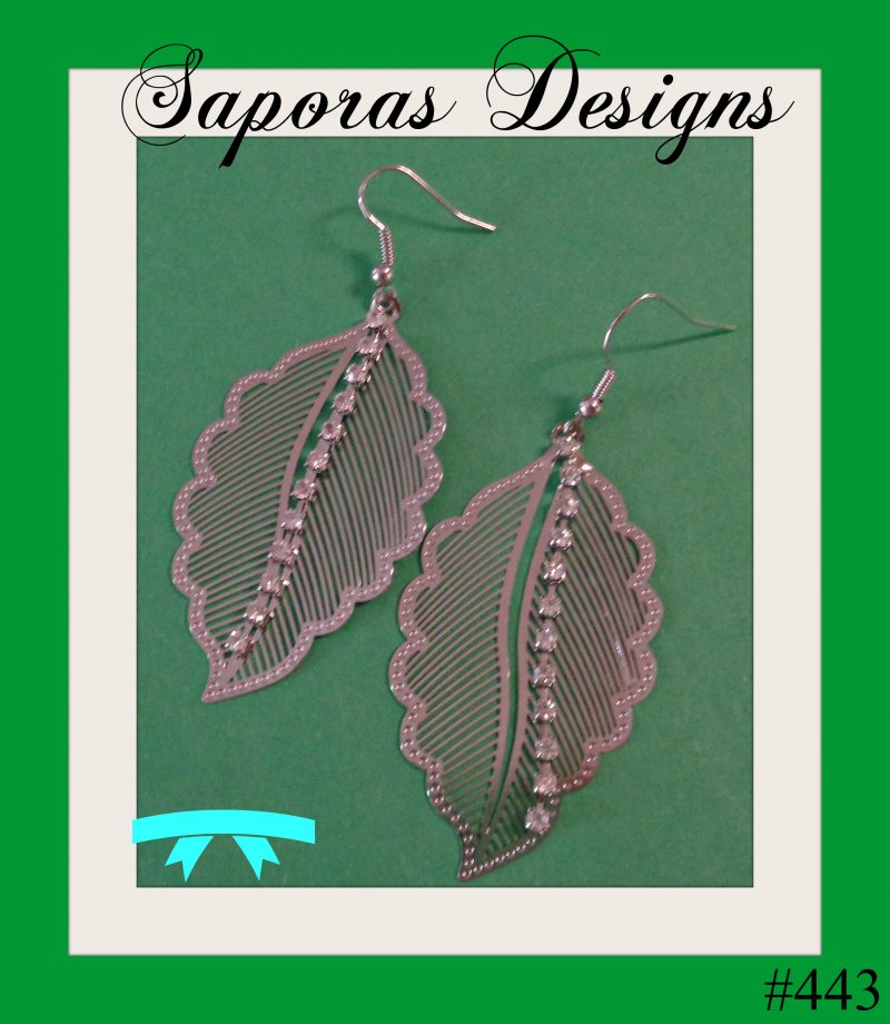 Image 0 of Silver Tone Leaf Design Dangle Earrings With Clear Crystals