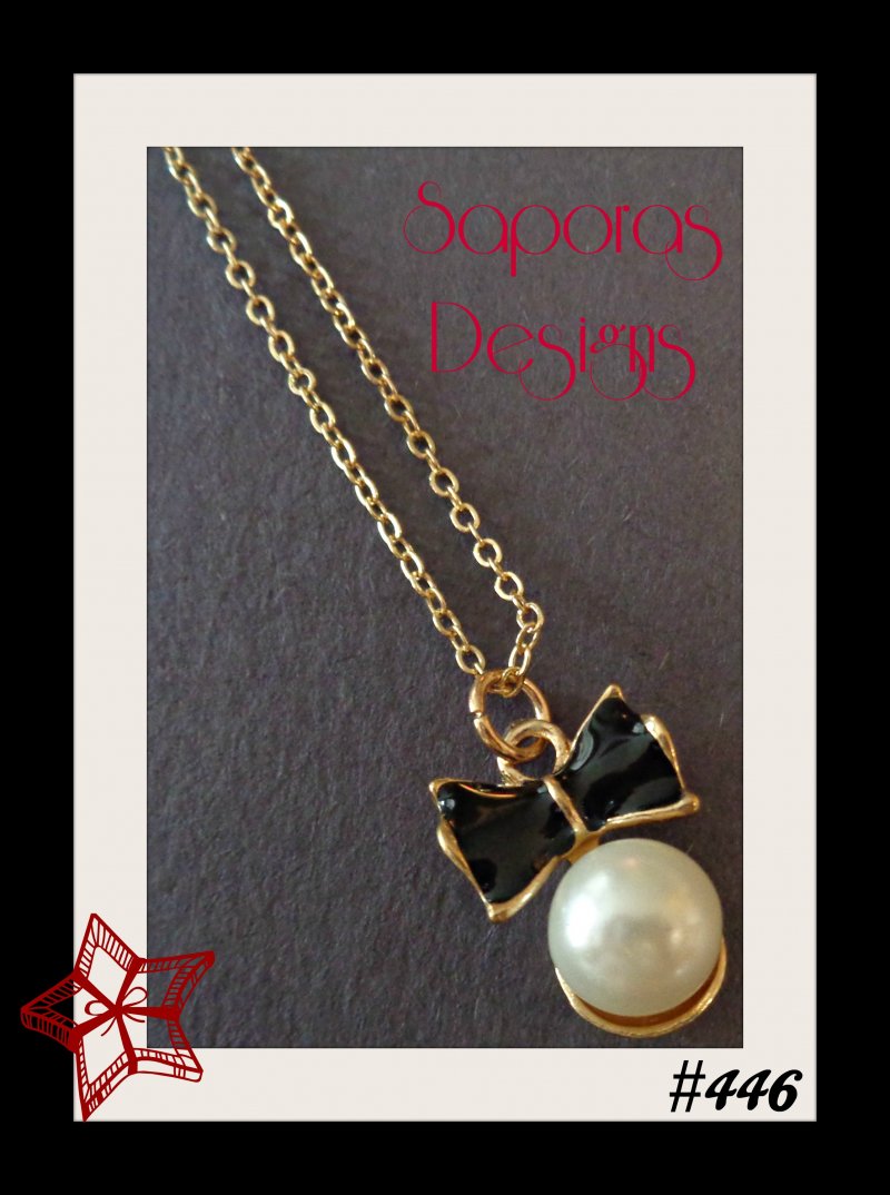 Image 0 of Black Bow Design Necklace With White Faux Pearl & Gold Tone Finish