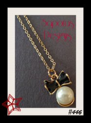 Black Bow Design Necklace With White Faux Pearl & Gold Tone Finish