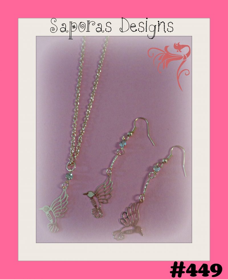 Image 0 of Gold Tone Hummingbird Design Dangle Earrings & Necklace Jewelry Set