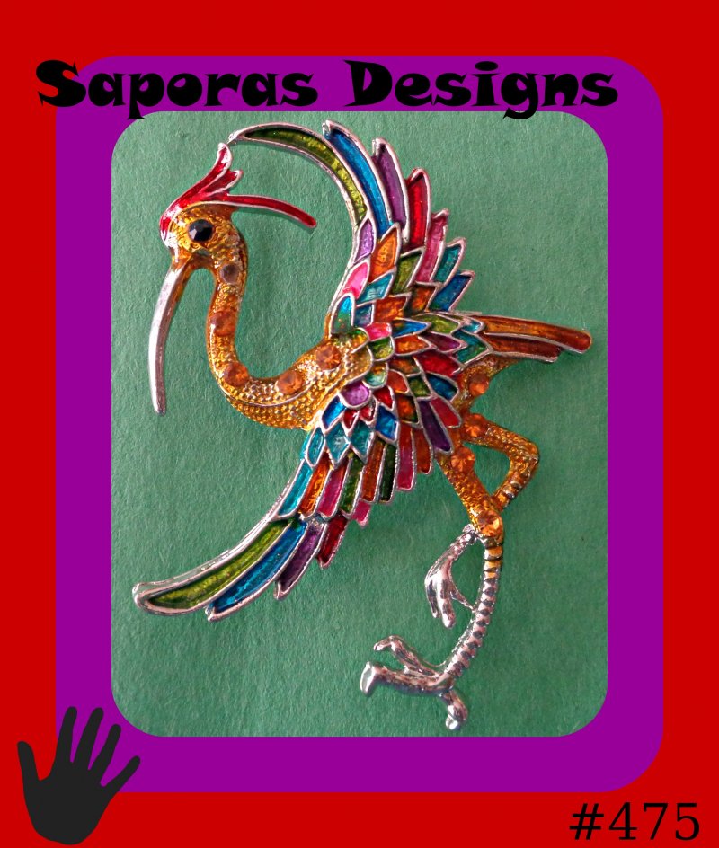Image 0 of Colorful Crane Bird Design Brooch With Black & Orange Crystals