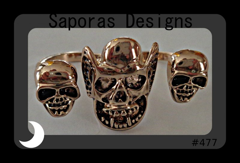 Image 0 of Gold Tone Double Finger Demon / Skull Ring Size 6.5 Unisex Biker Gothic Punk 