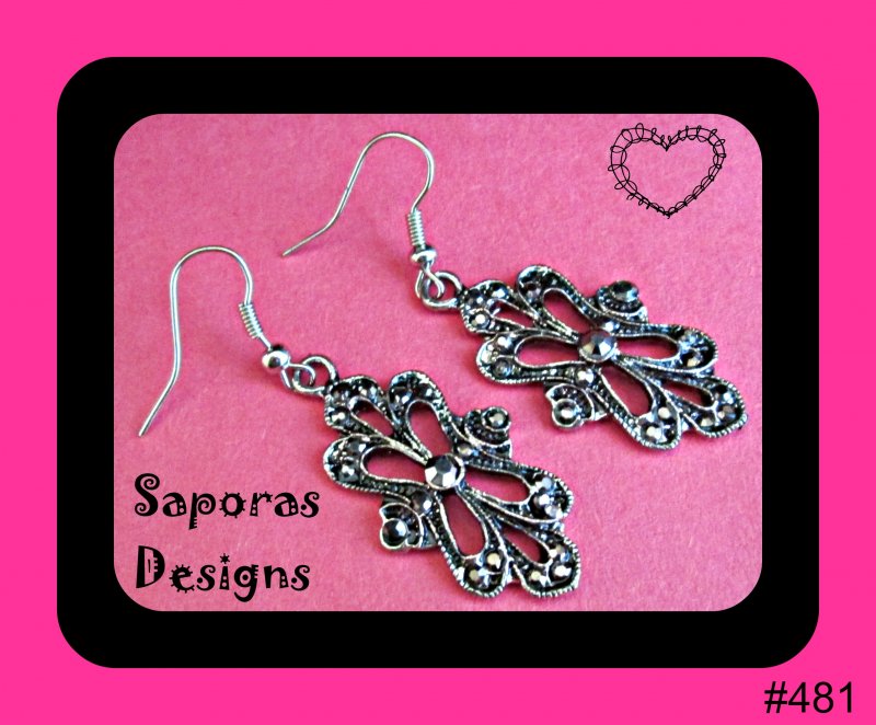 Image 0 of Tibetan Silver Dangle Earrings With Black Crystals Vintage Style