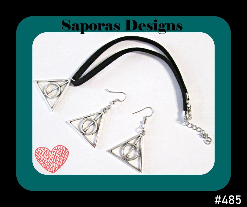 Image 0 of Harry Potter Deathly Hallows Leather Choker Necklace & Dangle Earrings Set