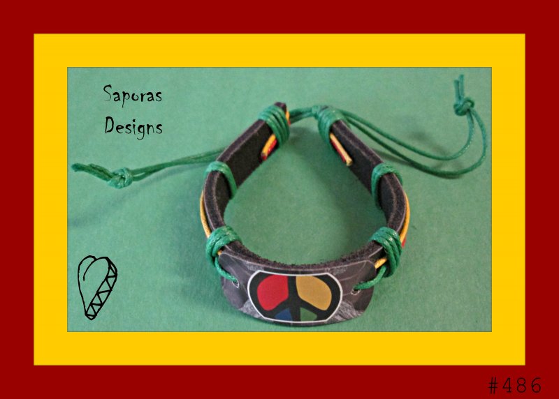 Image 0 of Handmade Colorful Leather Peace Sign Bracelet Bob Marley Style