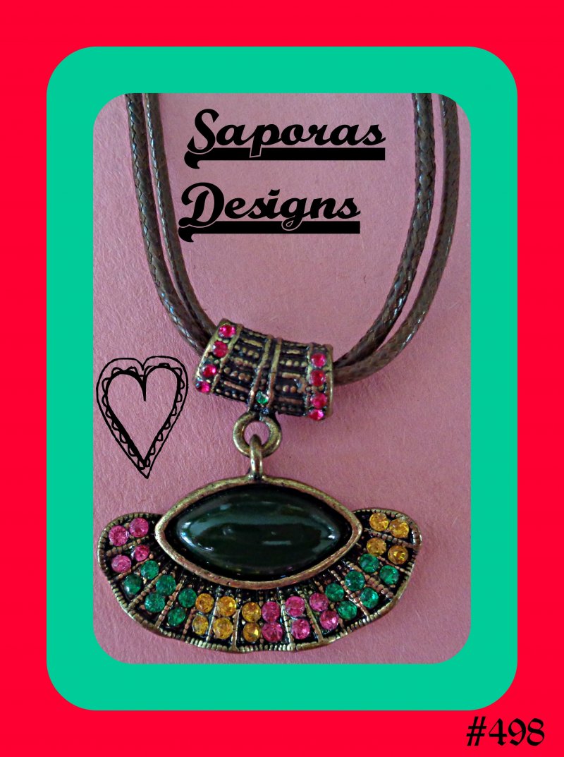 Image 0 of Antique Design Necklace With Colorful Rhinestones & Brown Leather Chain