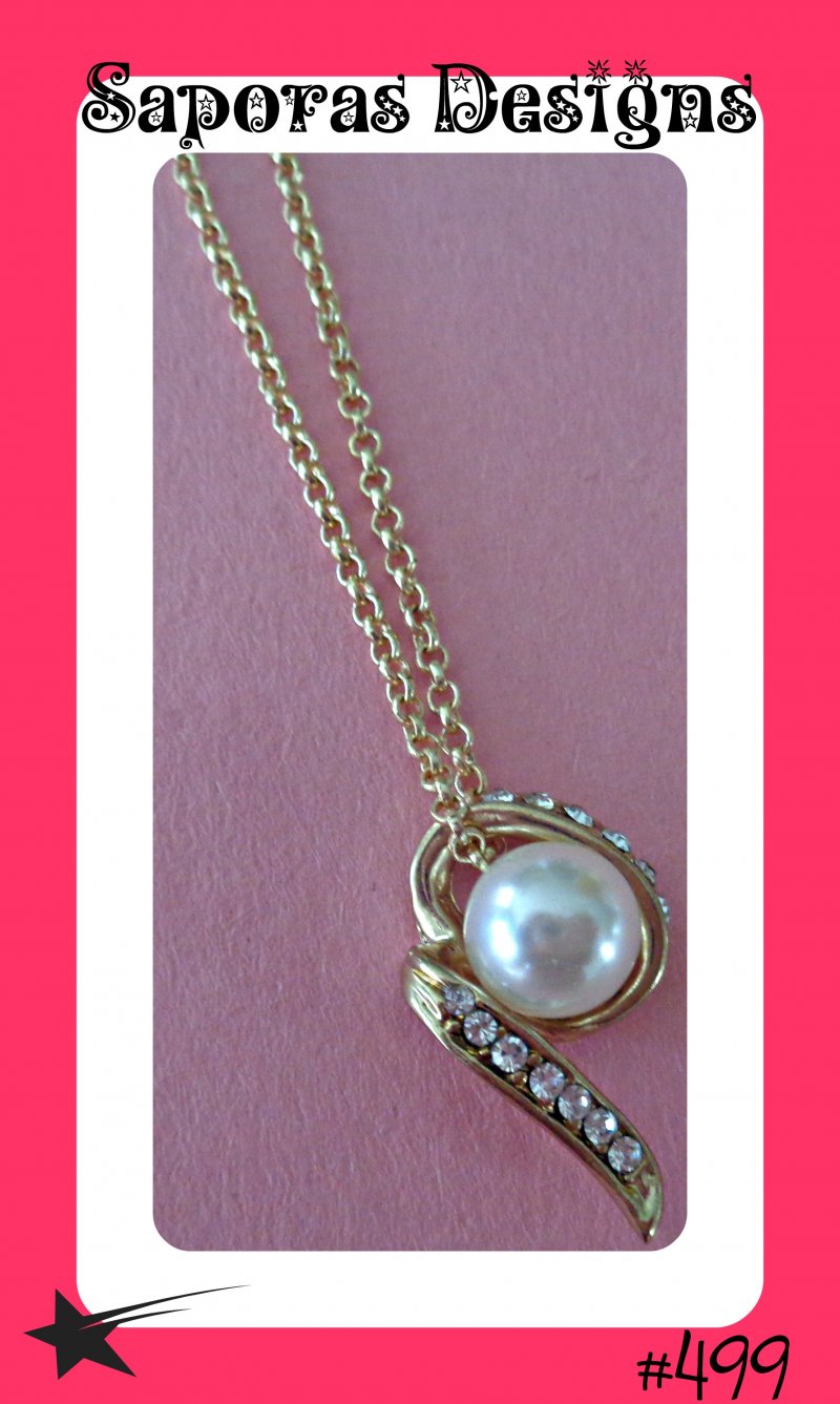 Image 0 of Gold Tone Necklace With White Faux Pearl & Clear Crystals Classy Style
