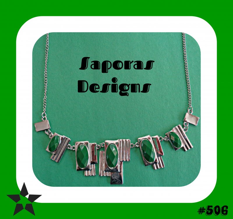 Image 0 of Silver Tone Collar Design Necklace With Green Beads 