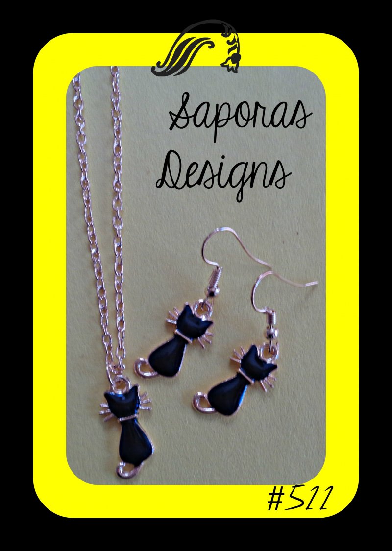 Image 0 of Gold & Black In Color Cat / Kitten Dangle Earrings & Necklace Jewelry Set