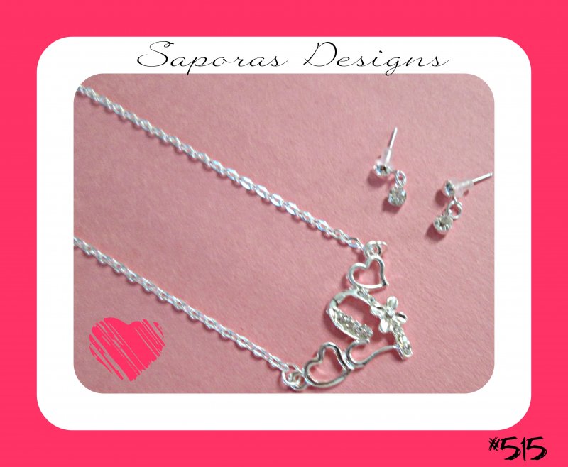 Image 0 of Silver Tone Heart Design Necklace & Dangle Earring Jewelry Set