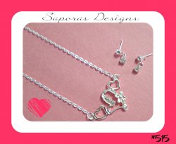 Silver Tone Heart Design Necklace & Dangle Earring Jewelry Set