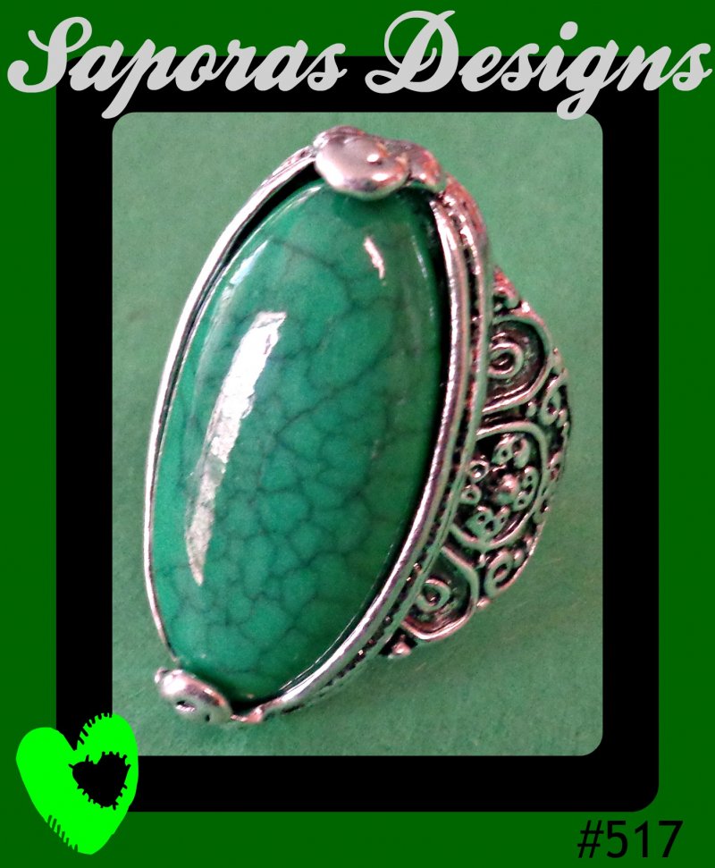 Image 0 of Tibetan Silver & Green Turquoise Size 8.5 Ring Native Ethnic Tribal