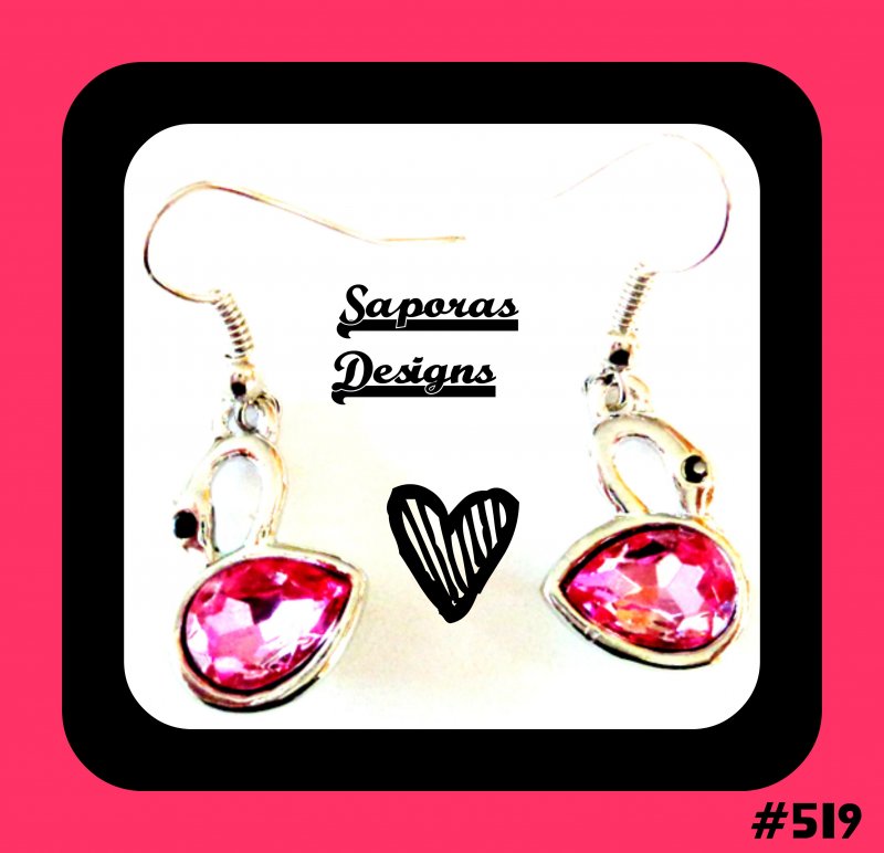 Image 0 of Silver Tone Swan Design Dangle Earrings With Black & Pink Crystals