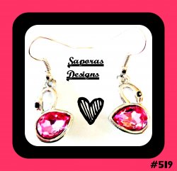 Silver Tone Swan Design Dangle Earrings With Black & Pink Crystals