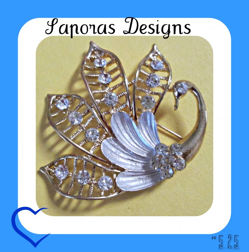 Image 0 of Gold Tone & White Swan Design Brooch With Clear Crystals