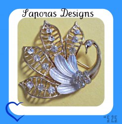 Gold Tone & White Swan Design Brooch With Clear Crystals