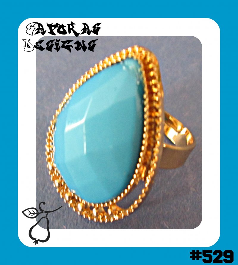 Image 0 of Gold Tone Egyptian Pear / Tear Drop Design Size 8 Ring With Blue Bead Adjustable