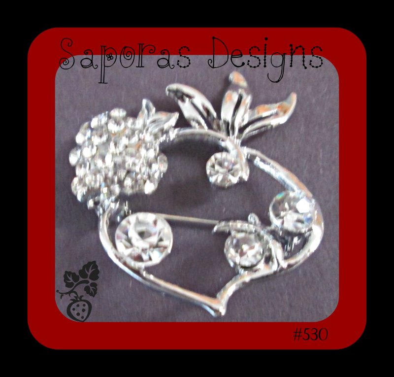Image 0 of Silver Tone Strawberry Design Brooch With Clear Crystals