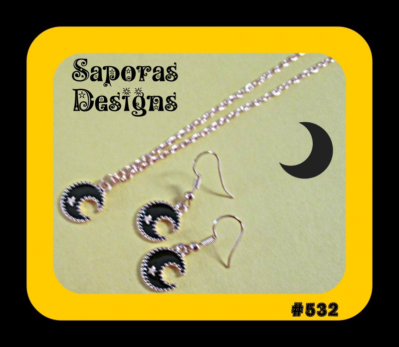 Image 0 of Gold Tone & Black Moon/Star Design Dangle Earrings & Necklace Jewelry Set