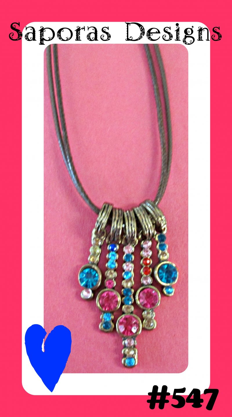 Image 0 of Antique Design Necklace With Colorful Rhinestones & Brown Leather Chain