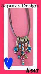 Antique Design Necklace With Colorful Rhinestones & Brown Leather Chain