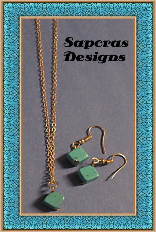 Image 0 of Gold Tone & Turquoise Dangle Earrings & Necklace Jewelry Set Native Ethnic 