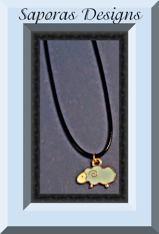 Image 0 of Blue & White Sheep Design Necklace With Black Rope Chain & Gold Tone Finish