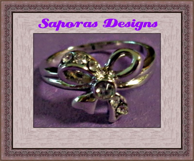 Image 0 of Silver Tone Bow Design Ring Size 5.5 With Clear Crystals