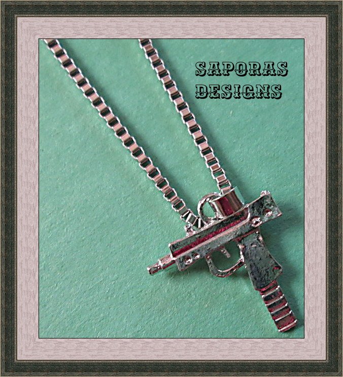 Image 0 of Silver Tone Gun Design Necklace Biker Gothic Punk Rock Style