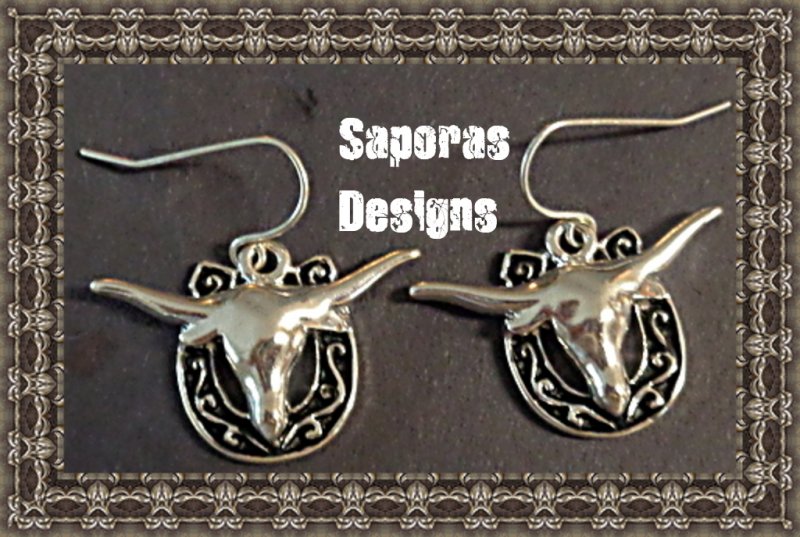 Image 0 of 925 Sterling Silver Dangle Bull Horse Shoe Design Earrings Western Style