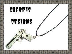 Silver Tone Desert Eagle Design Gun Necklace With Black Rope Chain Unisex Biker 
