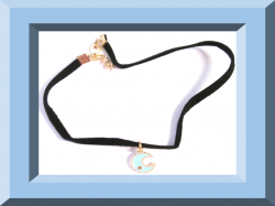 Blue & Gold Color Moon/Star Design Black Leather Choker Necklace 