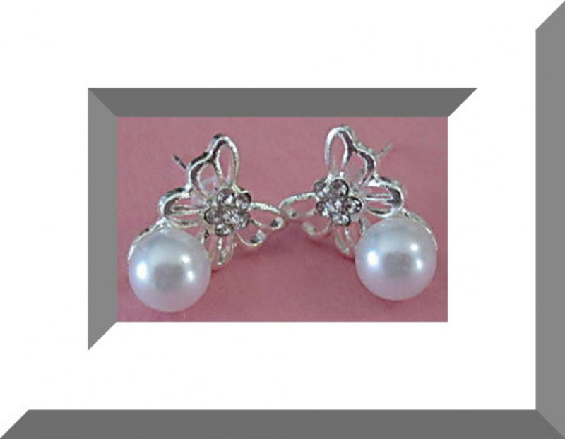 Image 0 of Silver Tone Butterfly Design Stud Earrings With White Faux Pearls & Crystals