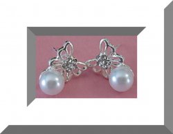 Silver Tone Butterfly Design Stud Earrings With White Faux Pearls & Crystals