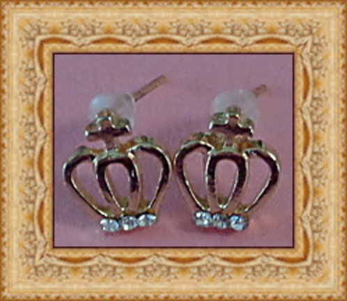 Image 0 of Gold Tone Crown With Cross Design Stud Earrings With Clear Crystals
