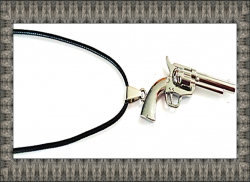 Silver Tone Gun Design Necklace With Black Rope Chain Biker Gothic Punk Rock 