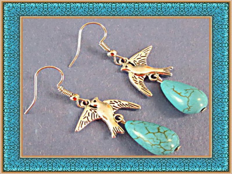 Image 0 of Tibetan Silver Dove Design Dangle Earrings With Turquoise Native Ethnic