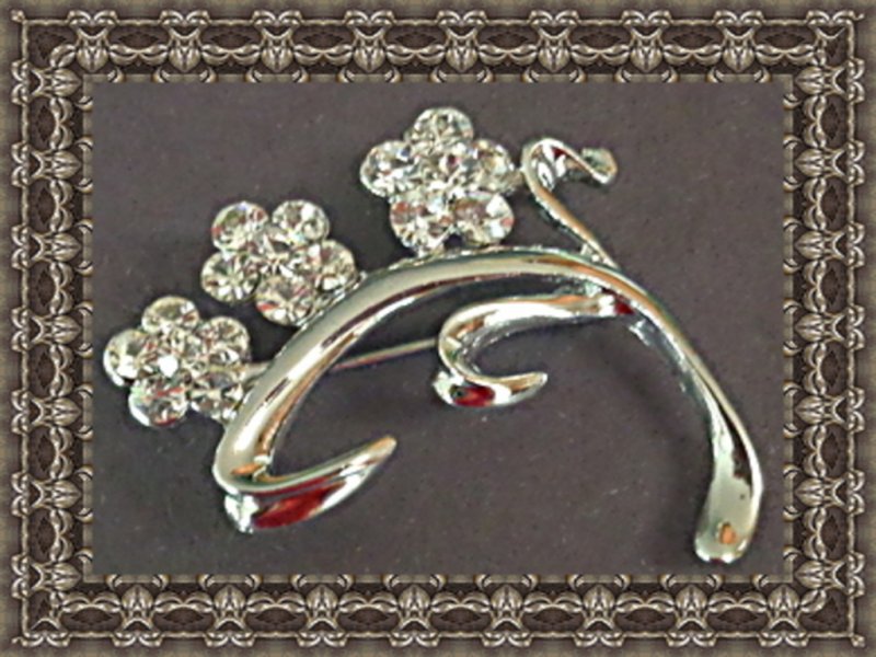 Image 0 of Silver Tone Flower Design Brooch With Clear Crystals Classy Style
